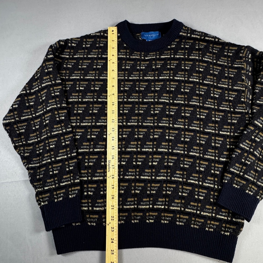 Towncraft Vintage Sweater Mens Geometric Knit Crewneck Navy Tan Grandpa Cosby - Picture 2 of 4